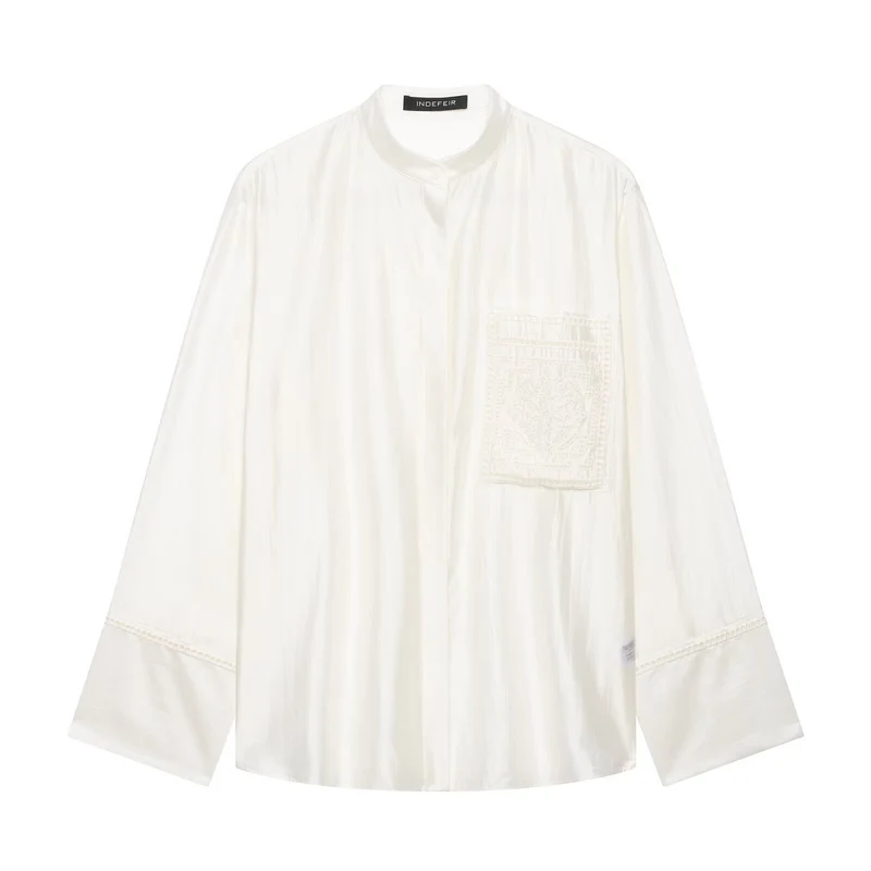 Damen Oversize Seidenoptik-Bluse mit Stehkragen und bestickter Brusttasche Drune