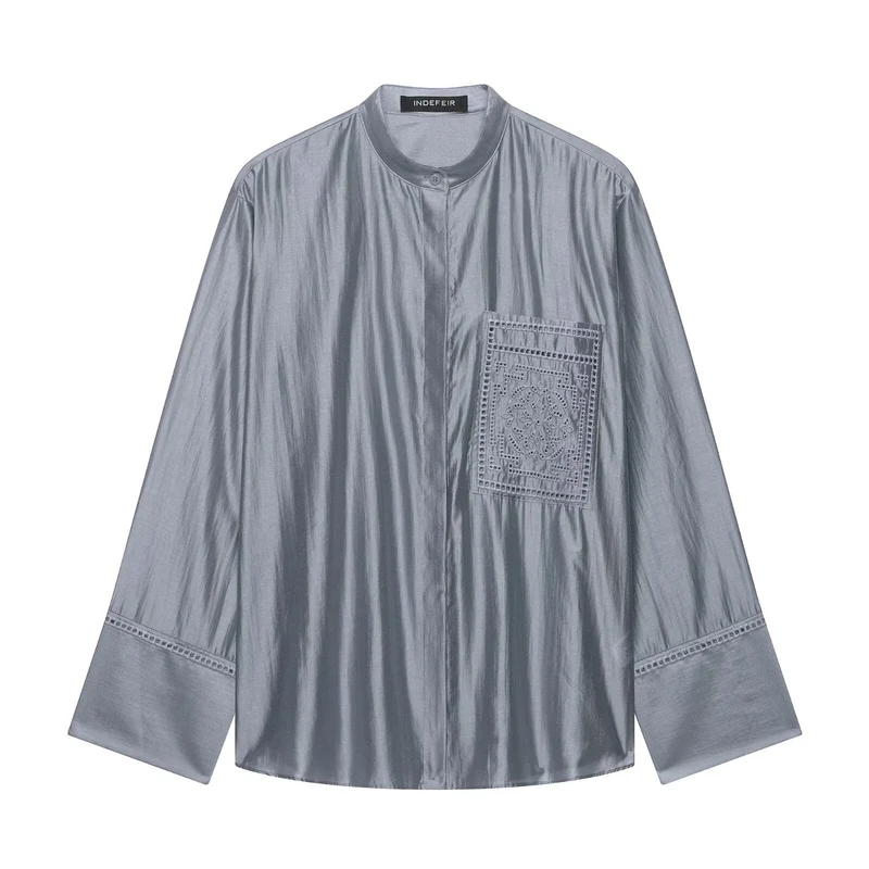 Damen Oversize Seidenoptik-Bluse mit Stehkragen und bestickter Brusttasche Drune