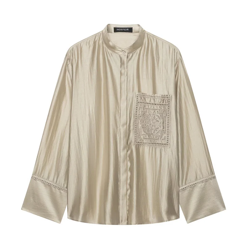 Damen Oversize Seidenoptik-Bluse mit Stehkragen und bestickter Brusttasche Drune