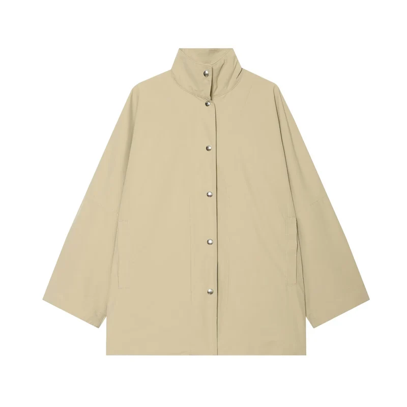 Damen Oversize Regenponcho‑Mantel mit Stehkragen und Druckknopfleiste Drune