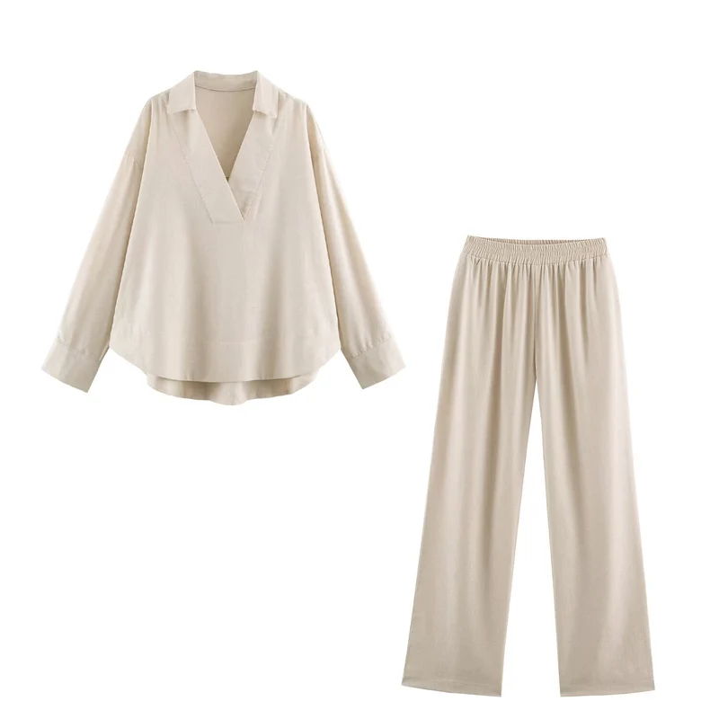 Damen Oversize Leinen-Mix Bluse mit tiefem V-Ausschnitt und Hemdkragen Drune