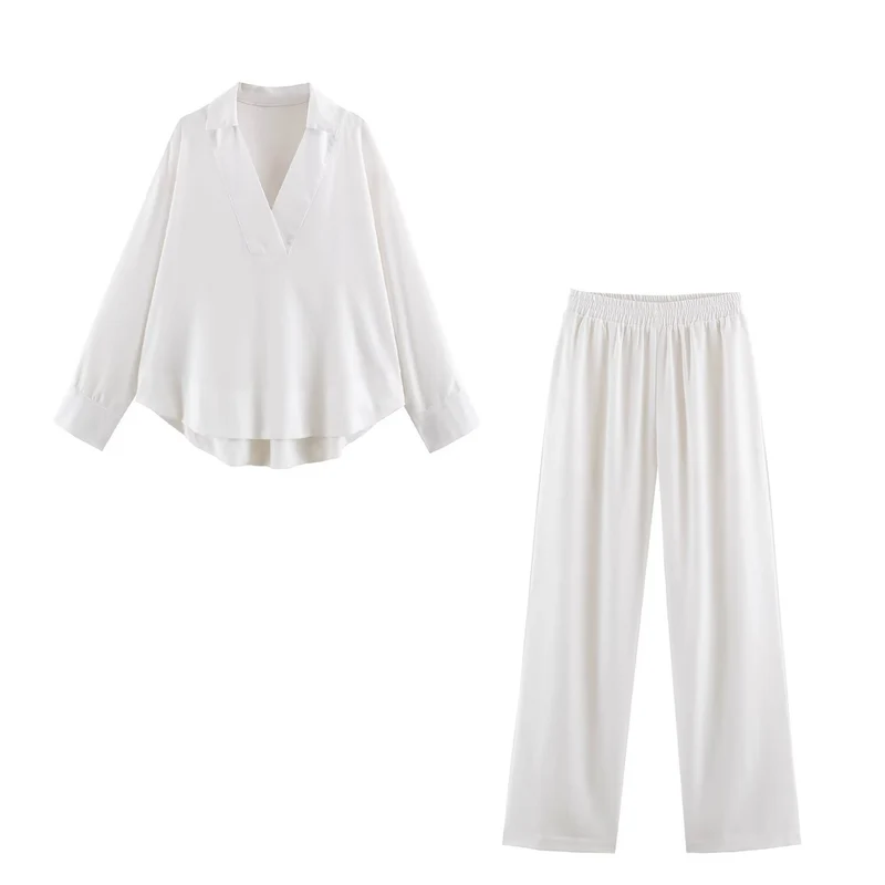 Damen Oversize Leinen-Mix Bluse mit tiefem V-Ausschnitt und Hemdkragen Drune