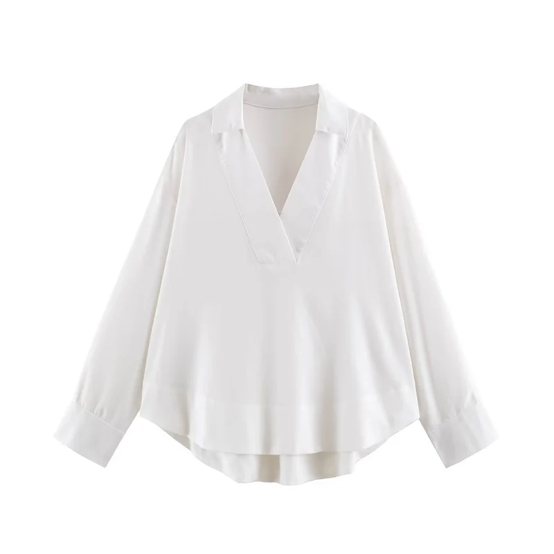 Damen Oversize Leinen-Mix Bluse mit tiefem V-Ausschnitt und Hemdkragen Drune
