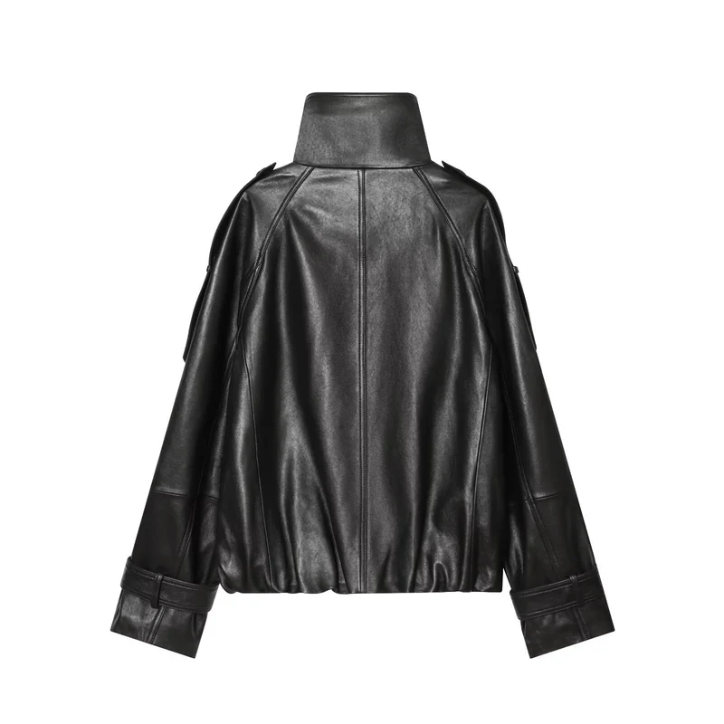 Damen Oversize Lederoptik Mantelcape mit hohem Stehkragen und doppelreihiger Knopfleiste Drune