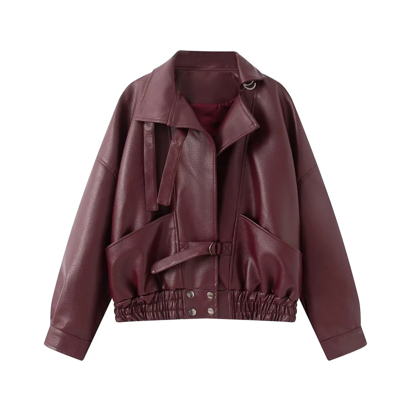 Damen Oversize Lederimitat-Bomberjacke mit elastischem Saum und Taillengürtel Drune