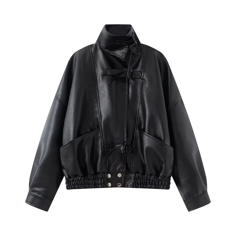 Damen Oversize Lederimitat-Bomberjacke mit elastischem Saum und Taillengürtel Drune