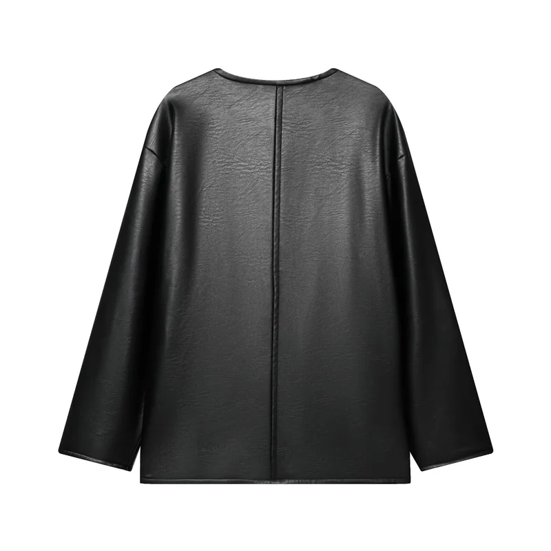 Damen Oversize Kunstlederjacke mit Kordel-Knotenverschluss und aufgesetzten Taschen Drune