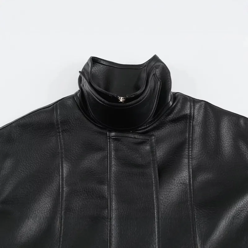 Damen Oversize Kunstlederjacke mit hohem Stehkragen, aufgesetzten Taschen und verstellbaren Schnallen Drune