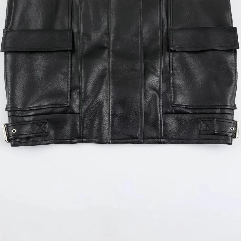Damen Oversize Kunstlederjacke mit hohem Stehkragen, aufgesetzten Taschen und verstellbaren Schnallen Drune