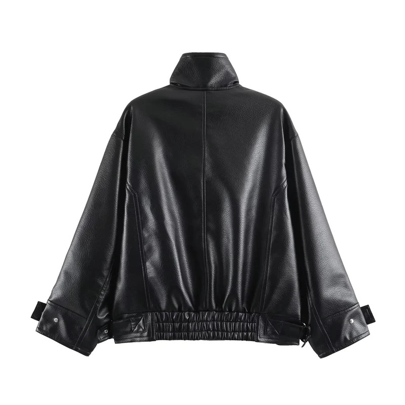 Damen Oversize Kunstlederjacke mit hohem Stehkragen, aufgesetzten Taschen und verstellbaren Schnallen Drune