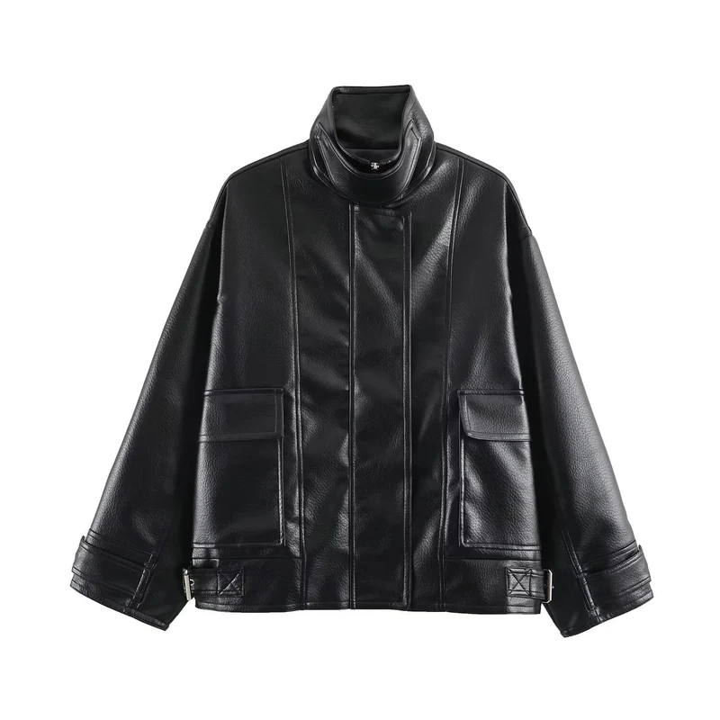 Damen Oversize Kunstlederjacke mit hohem Stehkragen, aufgesetzten Taschen und verstellbaren Schnallen Drune