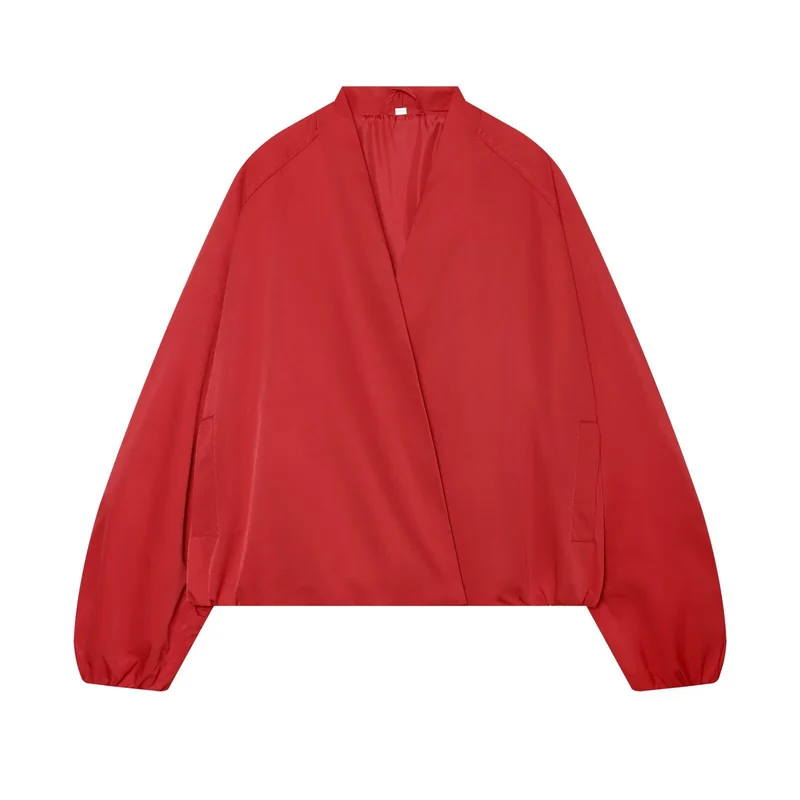Damen Oversize Cropped Bomberjacke mit offenem V-Ausschnitt und elastischem Saum Drune