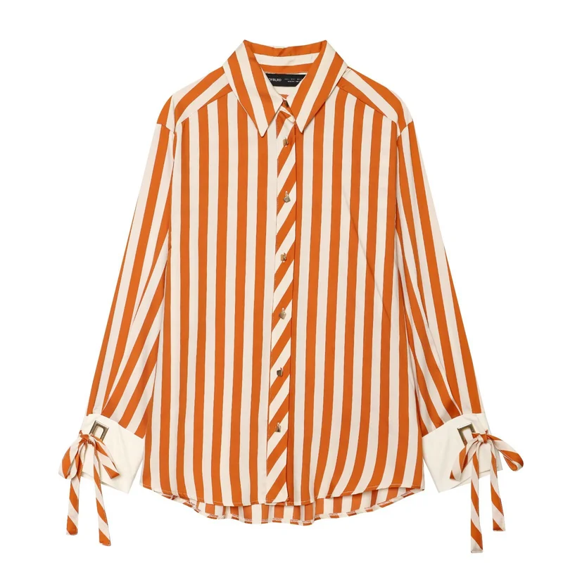 Damen Oversize-Bluse mit Streifen, abgesetzten Manschetten, Schleifendetail und Zierknöpfen Drune