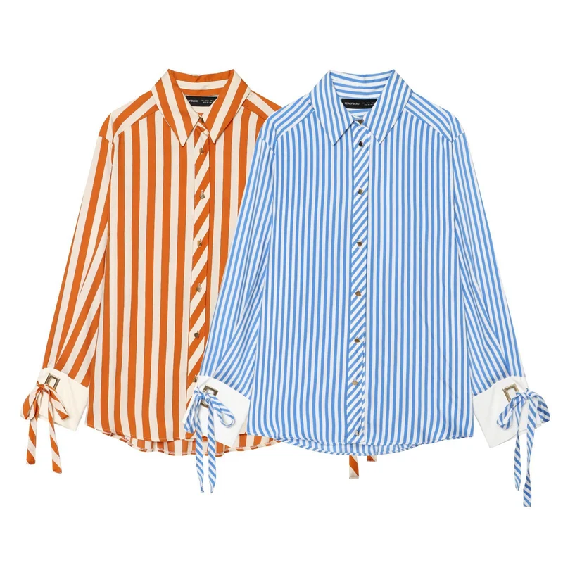 Damen Oversize-Bluse mit Streifen, abgesetzten Manschetten, Schleifendetail und Zierknöpfen Drune