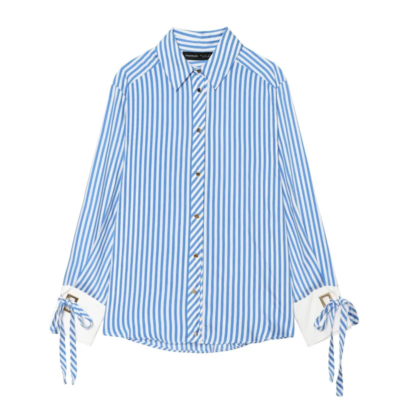 Damen Oversize-Bluse mit Streifen, abgesetzten Manschetten, Schleifendetail und Zierknöpfen Drune