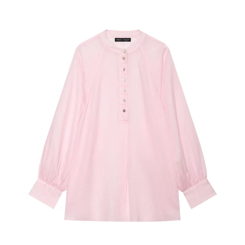 Damen Oversize-Bluse mit Stehkragen, durchgehender Knopfleiste und ballonärmeln Drune