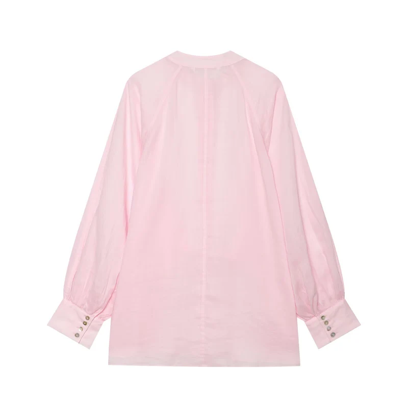 Damen Oversize-Bluse mit Stehkragen, durchgehender Knopfleiste und ballonärmeln Drune