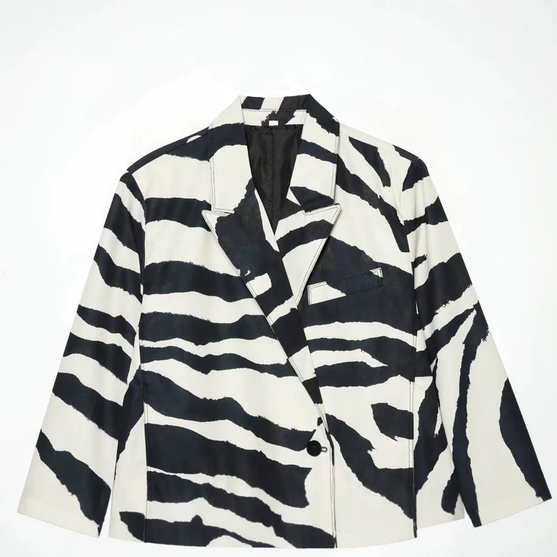 Damen Oversize-Blazer mit Zebra-Print, fallendem Revers und Pattentaschen Drune
