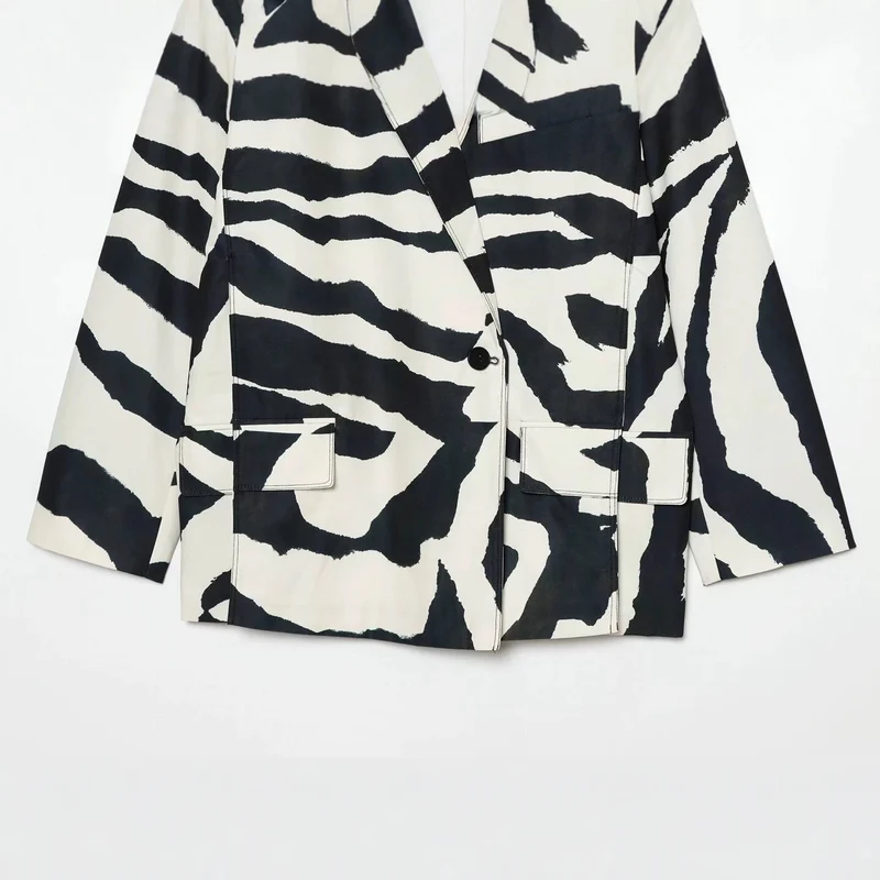 Damen Oversize-Blazer mit Zebra-Print, fallendem Revers und Pattentaschen Drune