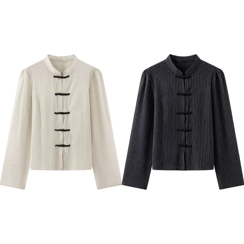 Damen Nadelstreifen-Mandarinjacke mit Knotenverschlüssen und geradem Schnitt Drune