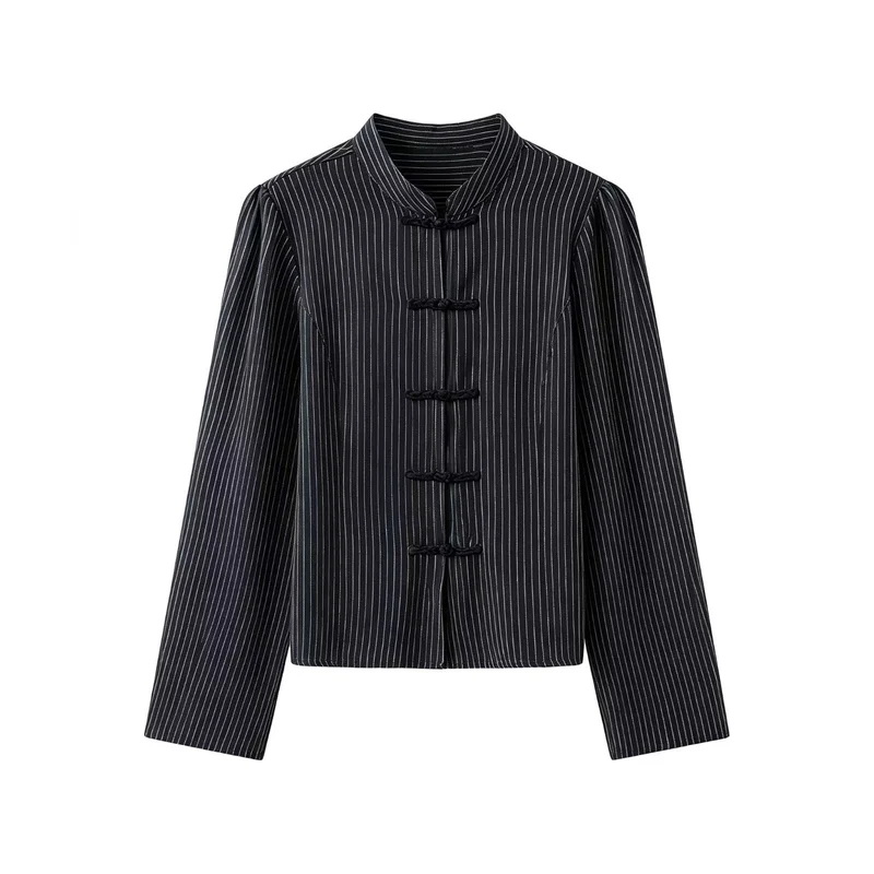 Damen Nadelstreifen-Mandarinjacke mit Knotenverschlüssen und geradem Schnitt Drune