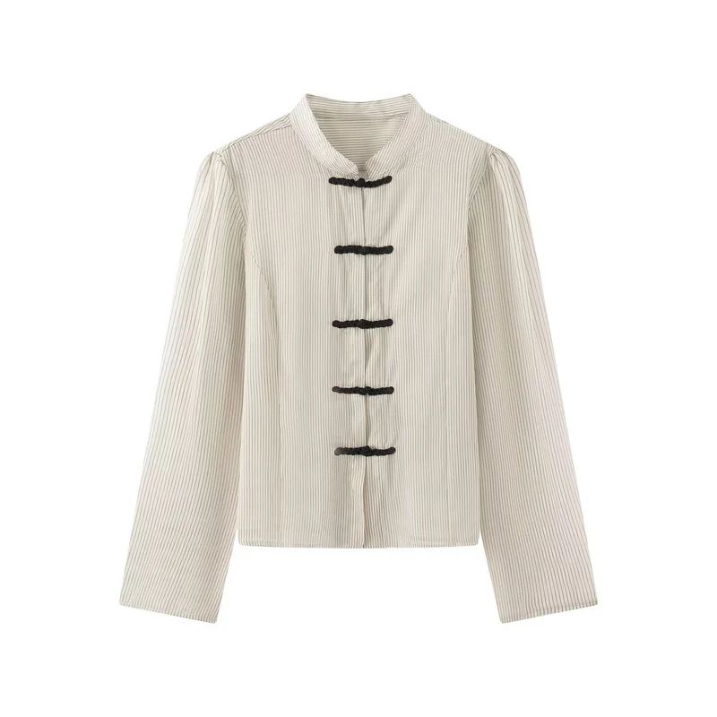 Damen Nadelstreifen-Mandarinjacke mit Knotenverschlüssen und geradem Schnitt Drune