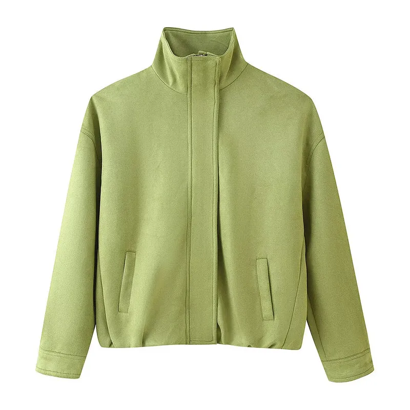 Damen Minimalistische Stehkragen-Übergangsjacke mit verdecktem Reißverschluss und Eingrifftaschen Drune