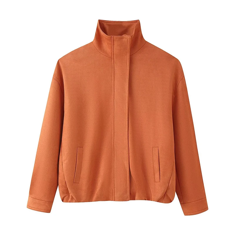 Damen Minimalistische Stehkragen-Übergangsjacke mit verdecktem Reißverschluss und Eingrifftaschen Drune