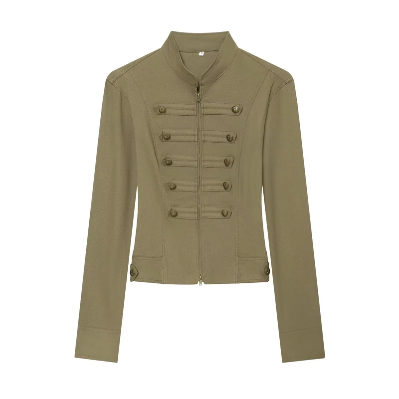 Damen Militärinspirierte taillierte Feldjacke mit Stehkragen und Zierknopfleisten Drune