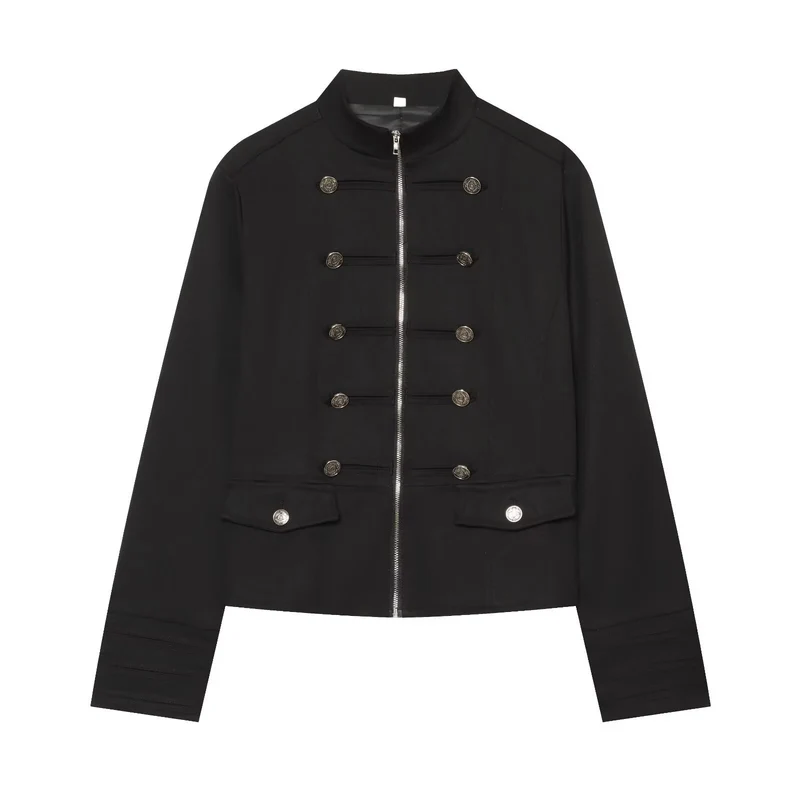 Damen Militärinspirierte Kurzjacke mit Stehkragen und Zierknöpfen Drune
