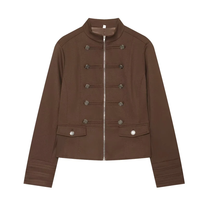 Damen Militärinspirierte Kurzjacke mit Stehkragen und Zierknöpfen Drune