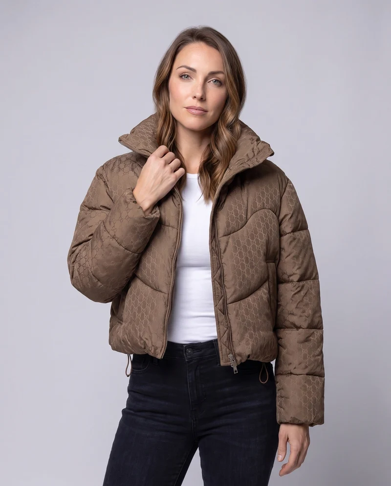 Damen kurze gesteppte Pufferjacke mit hohem Stehkragen, Hahnentrittmuster und Kordelzugsaum