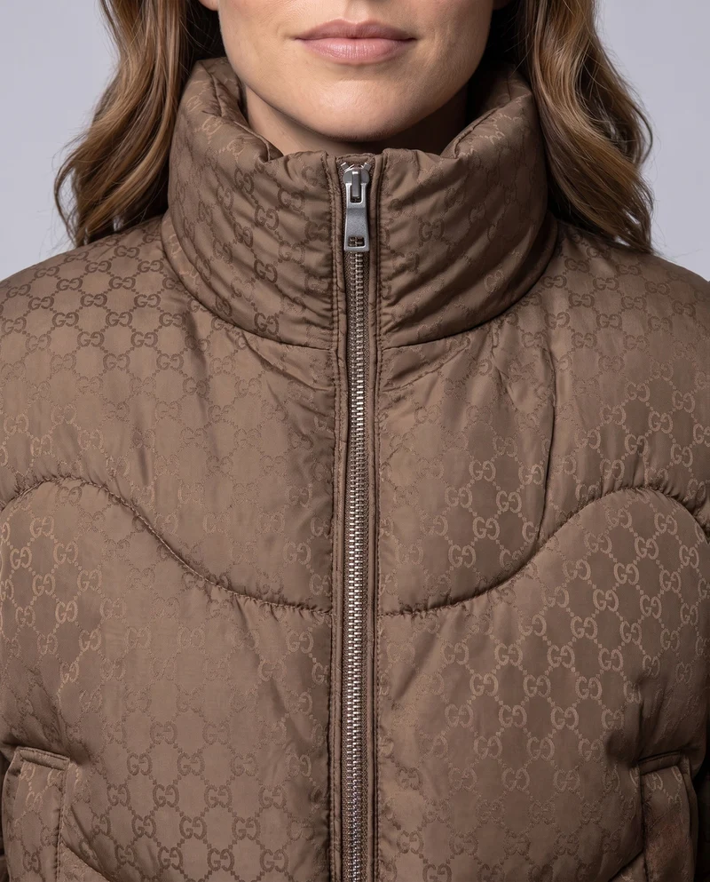 Damen kurze gesteppte Pufferjacke mit hohem Stehkragen, Hahnentrittmuster und Kordelzugsaum