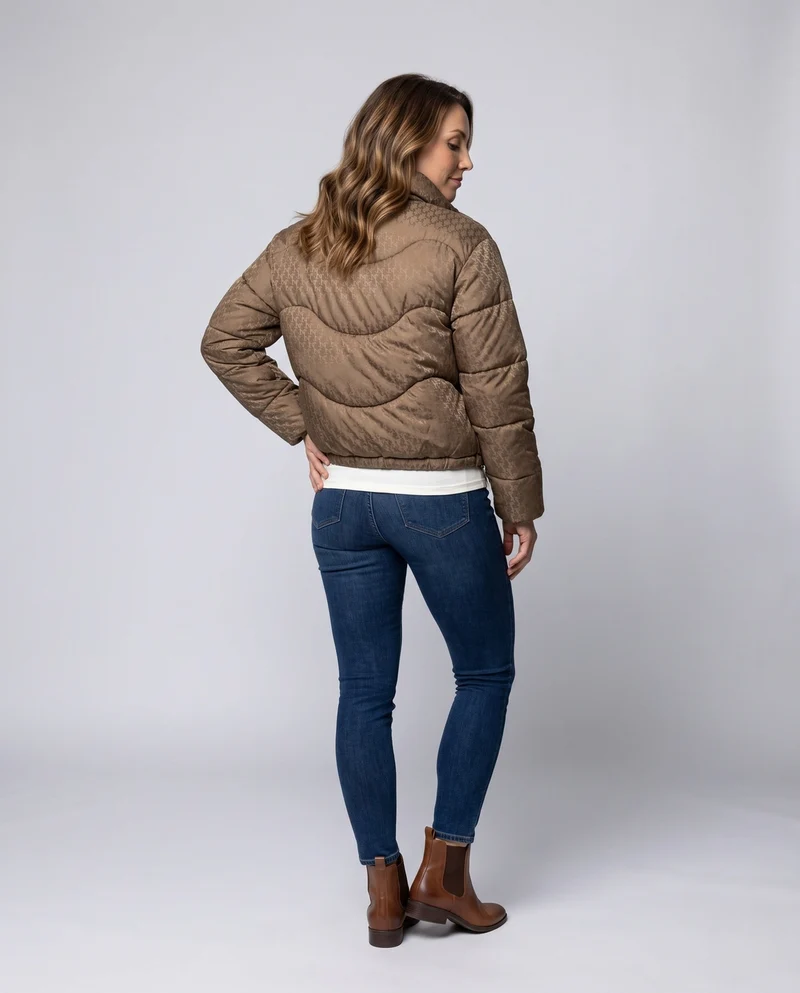 Damen kurze gesteppte Pufferjacke mit hohem Stehkragen, Hahnentrittmuster und Kordelzugsaum
