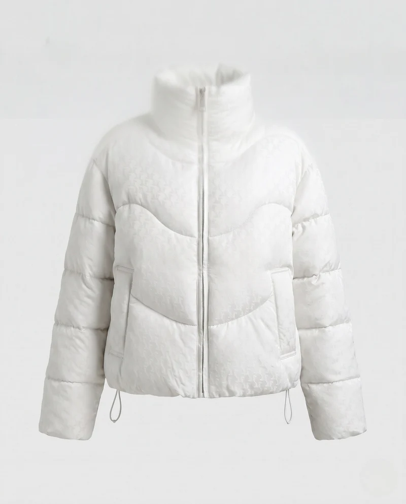 Damen kurze gesteppte Pufferjacke mit hohem Stehkragen, Hahnentrittmuster und Kordelzugsaum