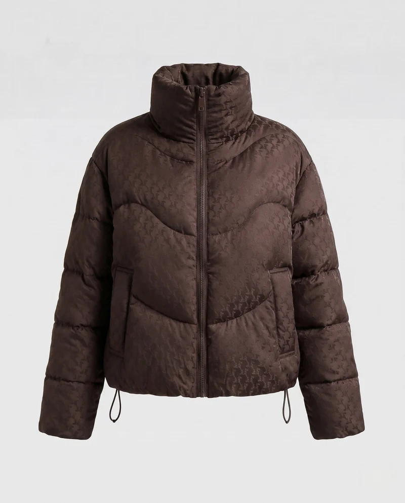 Damen kurze gesteppte Pufferjacke mit hohem Stehkragen, Hahnentrittmuster und Kordelzugsaum