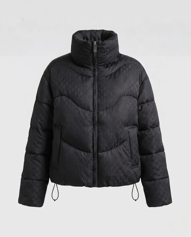 Damen kurze gesteppte Pufferjacke mit hohem Stehkragen, Hahnentrittmuster und Kordelzugsaum