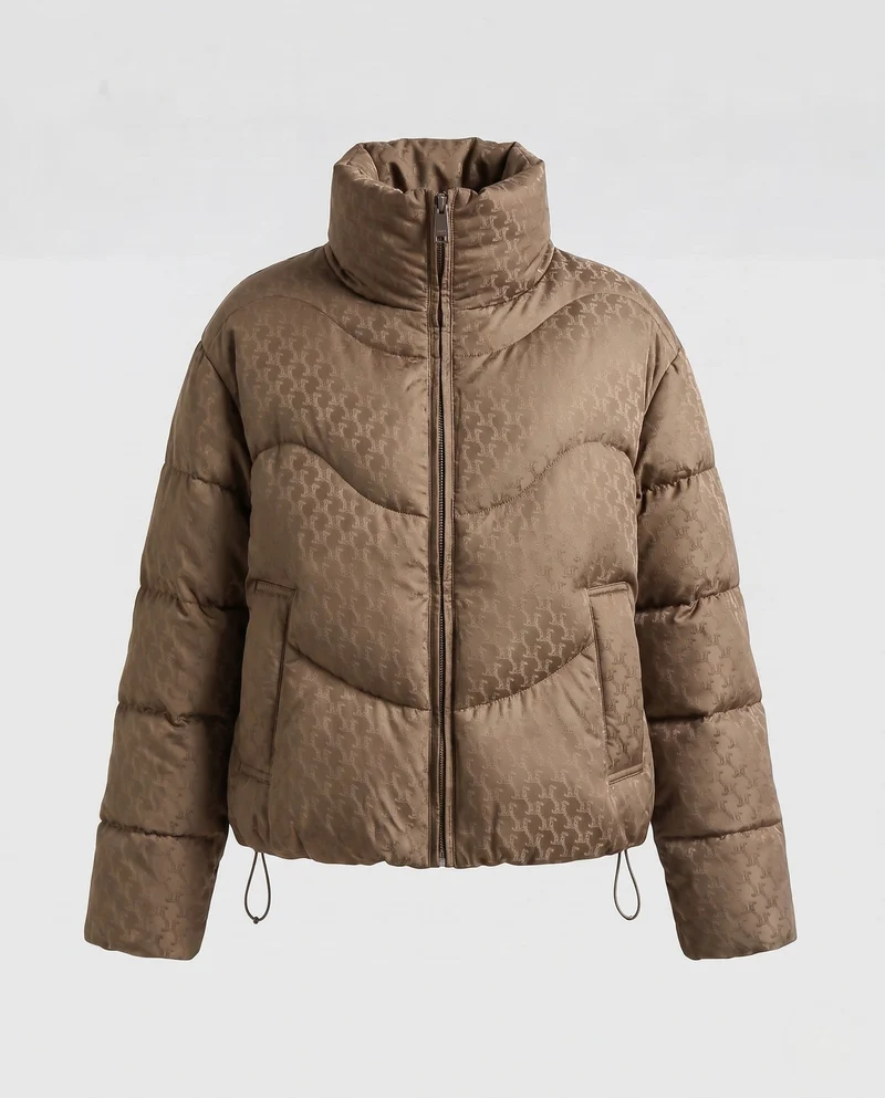Damen kurze gesteppte Pufferjacke mit hohem Stehkragen, Hahnentrittmuster und Kordelzugsaum