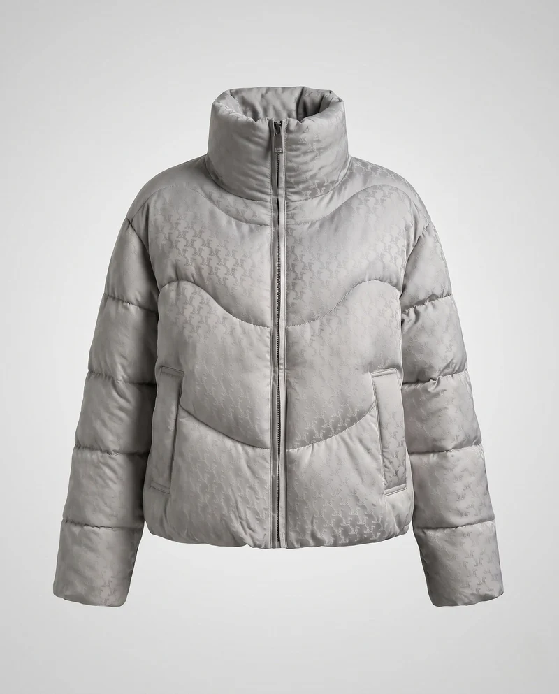 Damen kurze gesteppte Pufferjacke mit hohem Stehkragen, Hahnentrittmuster und Kordelzugsaum