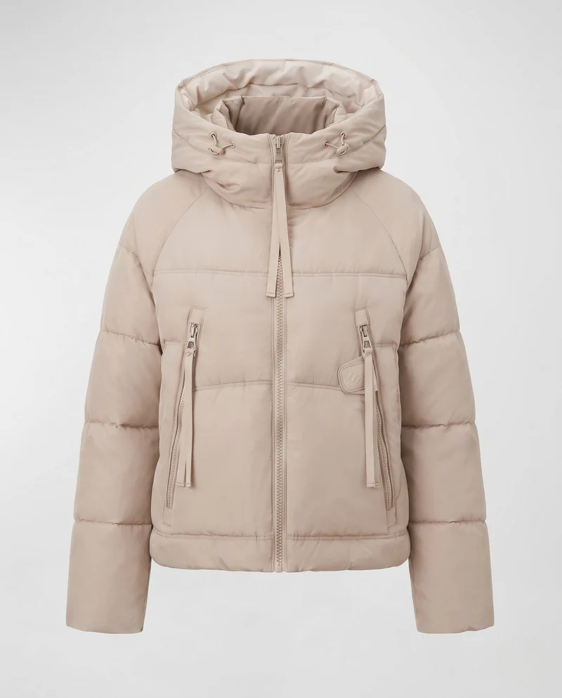 Damen kurze gesteppte Pufferjacke mit Kontrastfutter, gepolsterter Kapuze und Reißverschlusstaschen