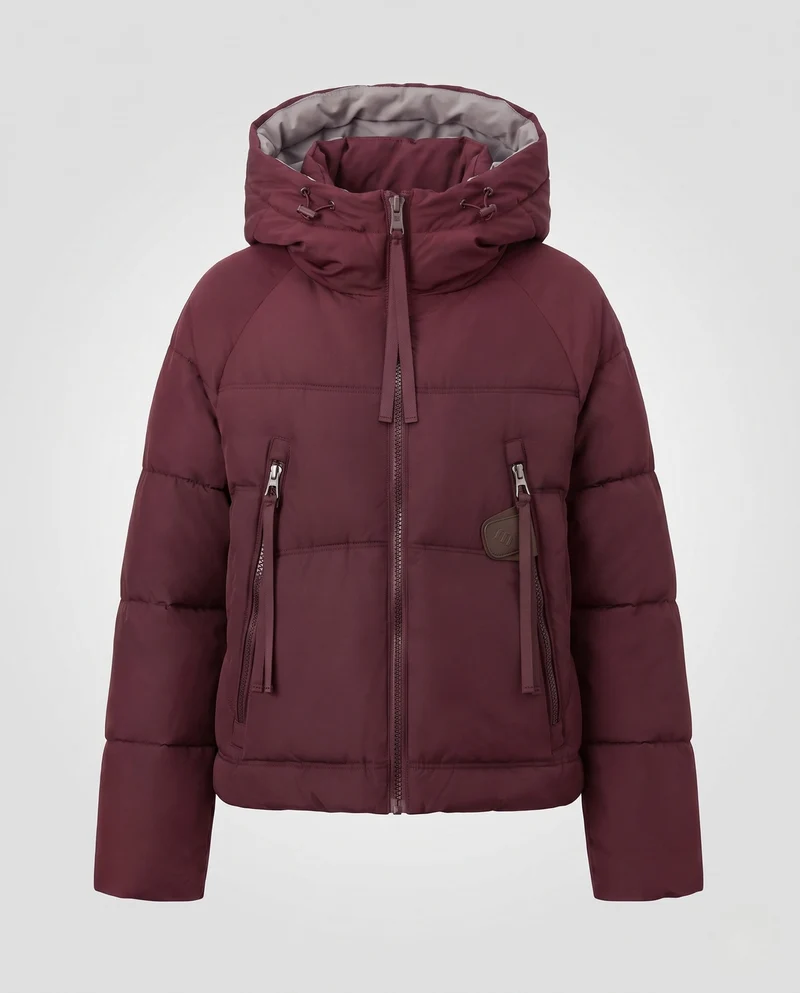 Damen kurze gesteppte Pufferjacke mit Kontrastfutter, gepolsterter Kapuze und Reißverschlusstaschen