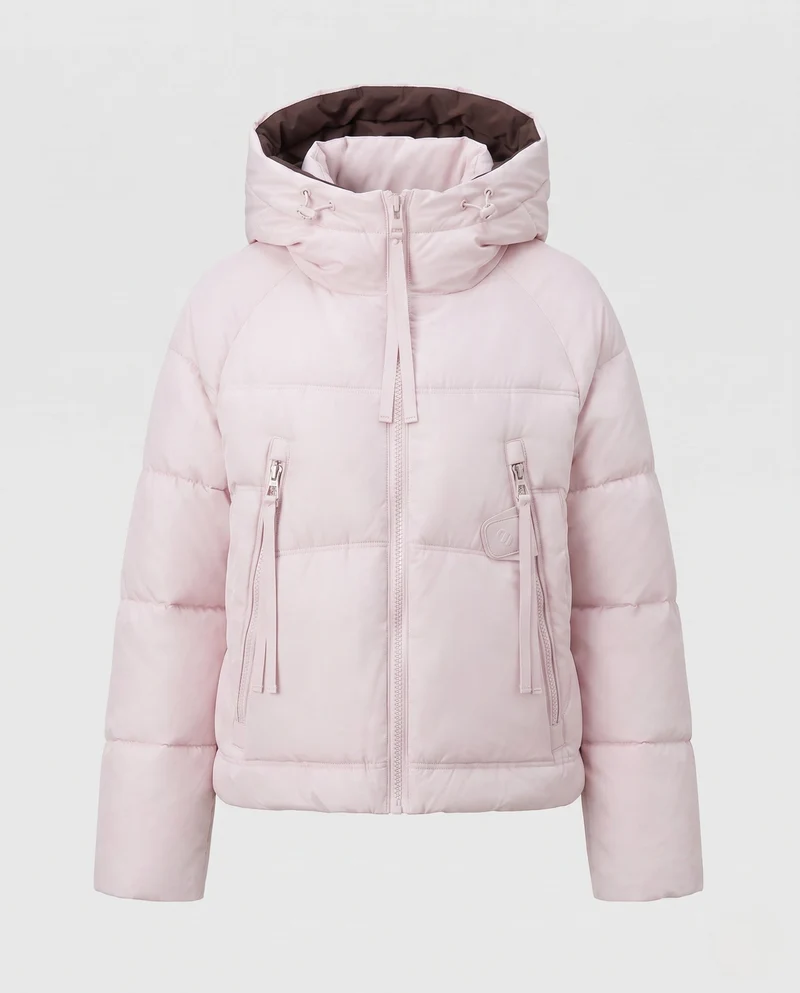 Damen kurze gesteppte Pufferjacke mit Kontrastfutter, gepolsterter Kapuze und Reißverschlusstaschen