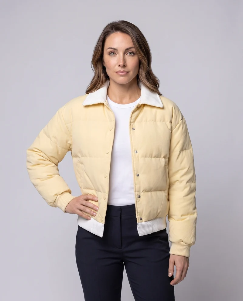 Damen kurze gepolsterte Pufferjacke mit Schalkragen und elastischem Rippbund