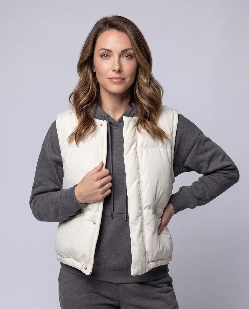 Damen Nan Short Stepp-Puffer-Weste mit Kordelzugbund, Druckknopf und Reißverschluss vorne