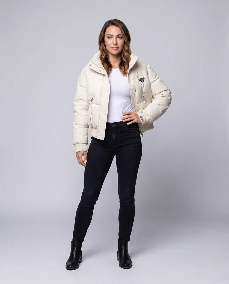 Damen kurze gesteppte Reisejacke mit hoch schließendem Stehkragen, tailliertem Rippbündchen und Reißverschluss-Taschen