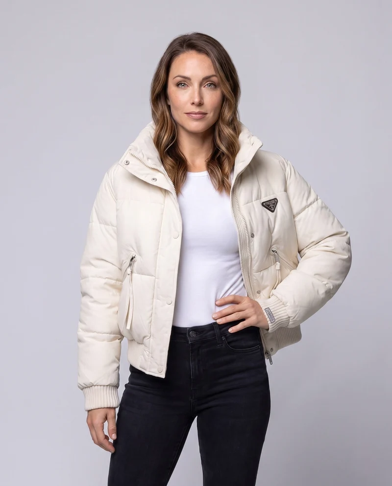 Damen kurze gesteppte Reisejacke mit hoch schließendem Stehkragen, tailliertem Rippbündchen und Reißverschluss-Taschen