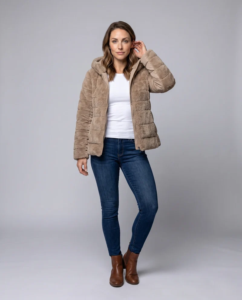 Damen kurze gesteppte Teddyjacke mit Kapuze und gepolsterten Seitenpaneelen