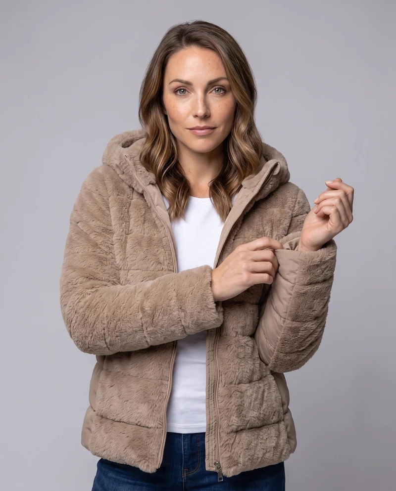 Damen kurze gesteppte Teddyjacke mit Kapuze und gepolsterten Seitenpaneelen