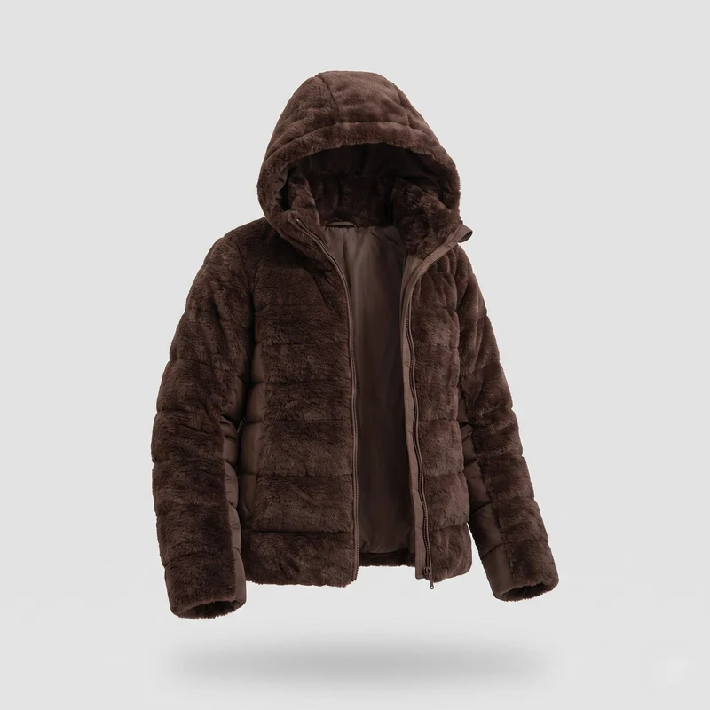 Damen kurze gesteppte Teddyjacke mit Kapuze und gepolsterten Seitenpaneelen
