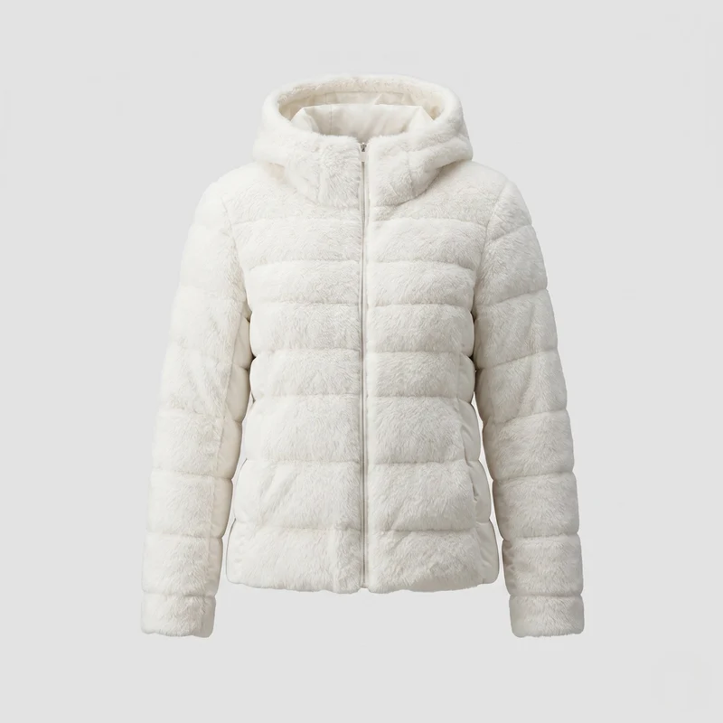 Damen kurze gesteppte Teddyjacke mit Kapuze und gepolsterten Seitenpaneelen